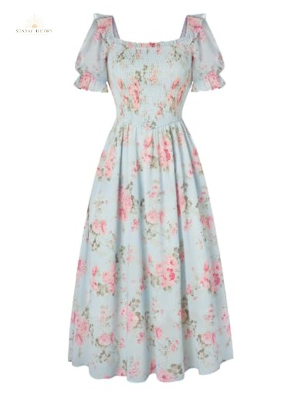 Women's Floral Chiffon Midi Dress Puff Sleeve Smocked A-Line Cottagecore